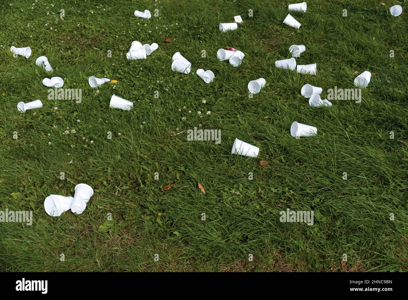 Disposable plastic tableware on green grass. Environmental pollution Stock Photo