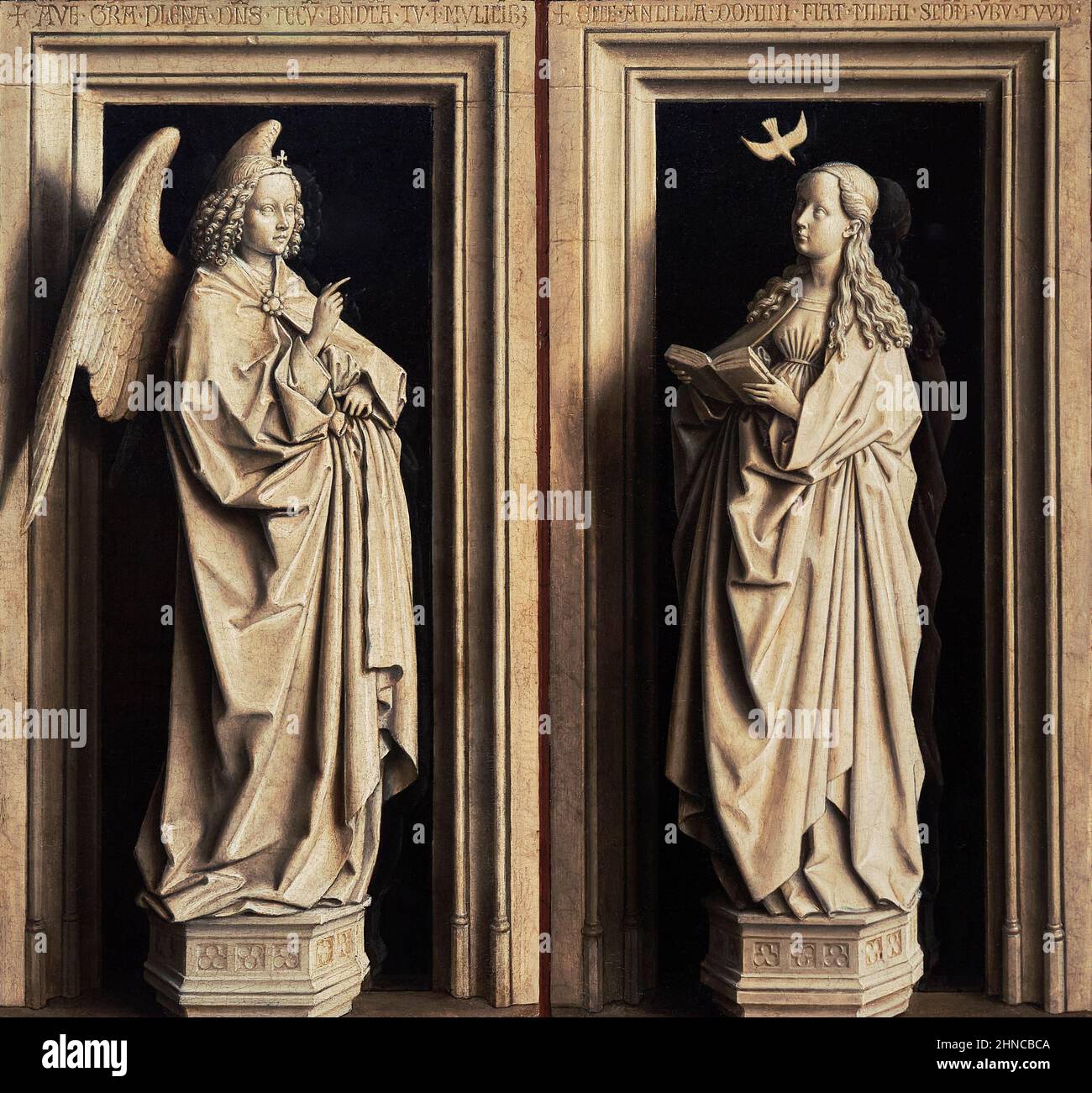 Jan van Eyck (ca. 1390-1441). The Annunciation Diptych. ca. 1433-1435. Oil on panel. Left wing (The Archangel Gabriel): 38.8 x 23.2 cm. Right wing (Th Stock Photo