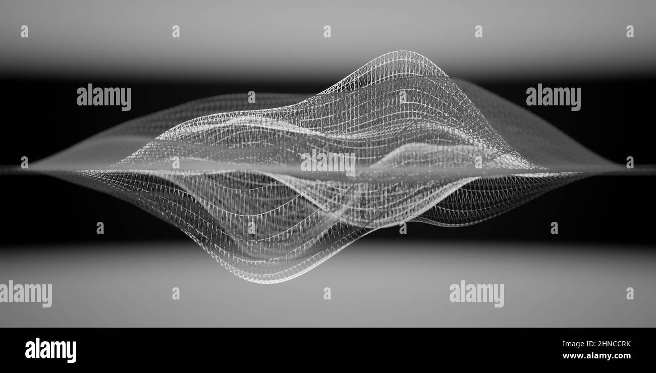 Abstract grey wireframe waveform, visualization of sound waves or acoustic equalizer concept with selective focus effect and copy space Stock Photo