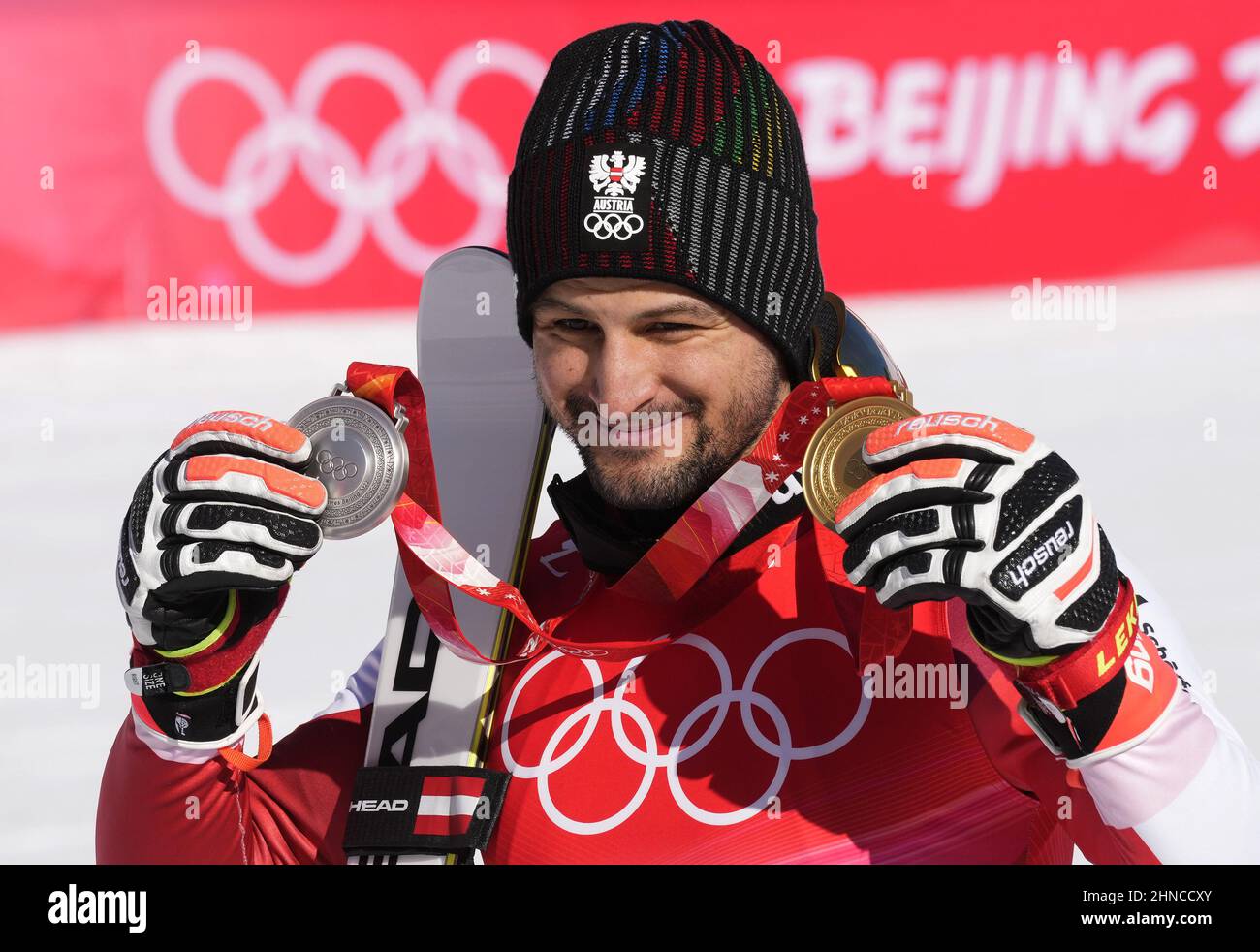 Beijing, China. 16th Feb, 2022. Johannes Strolz of Austria displays the silver medal he won in the men's Slalom event and the gold medal he won in the Alpine Combined event at the Winter Olympics in Beijing on Friday February 16, 2022. Photo by Rick T. Wilking/UPI Credit: UPI/Alamy Live News Stock Photo
