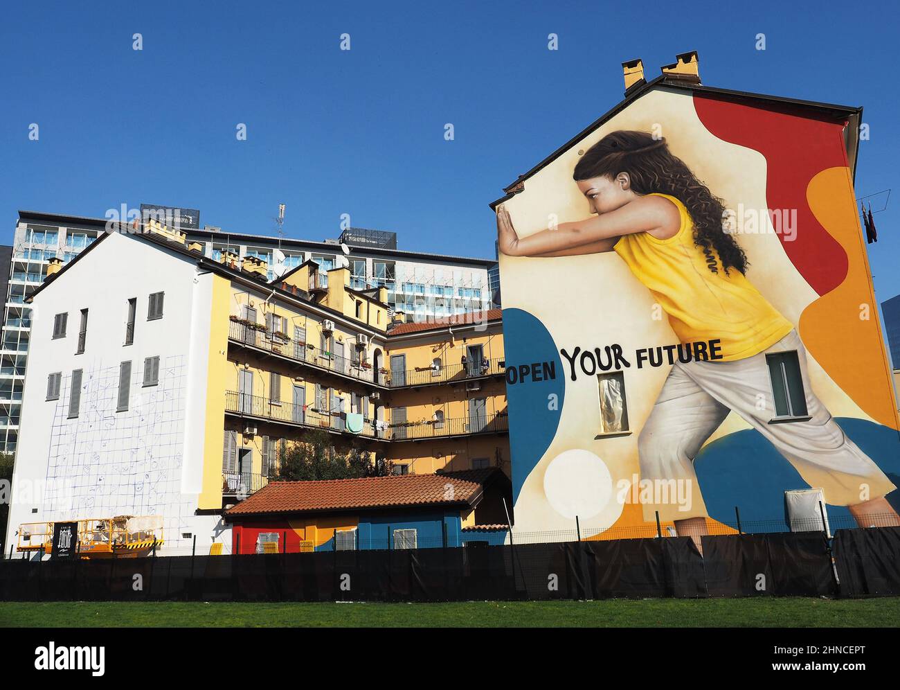 Europe, Italy, Lombardy, Milan, porta nuova district, Murales designed by street artist Rosk alla Biblioteca degli Alberi Stock Photo