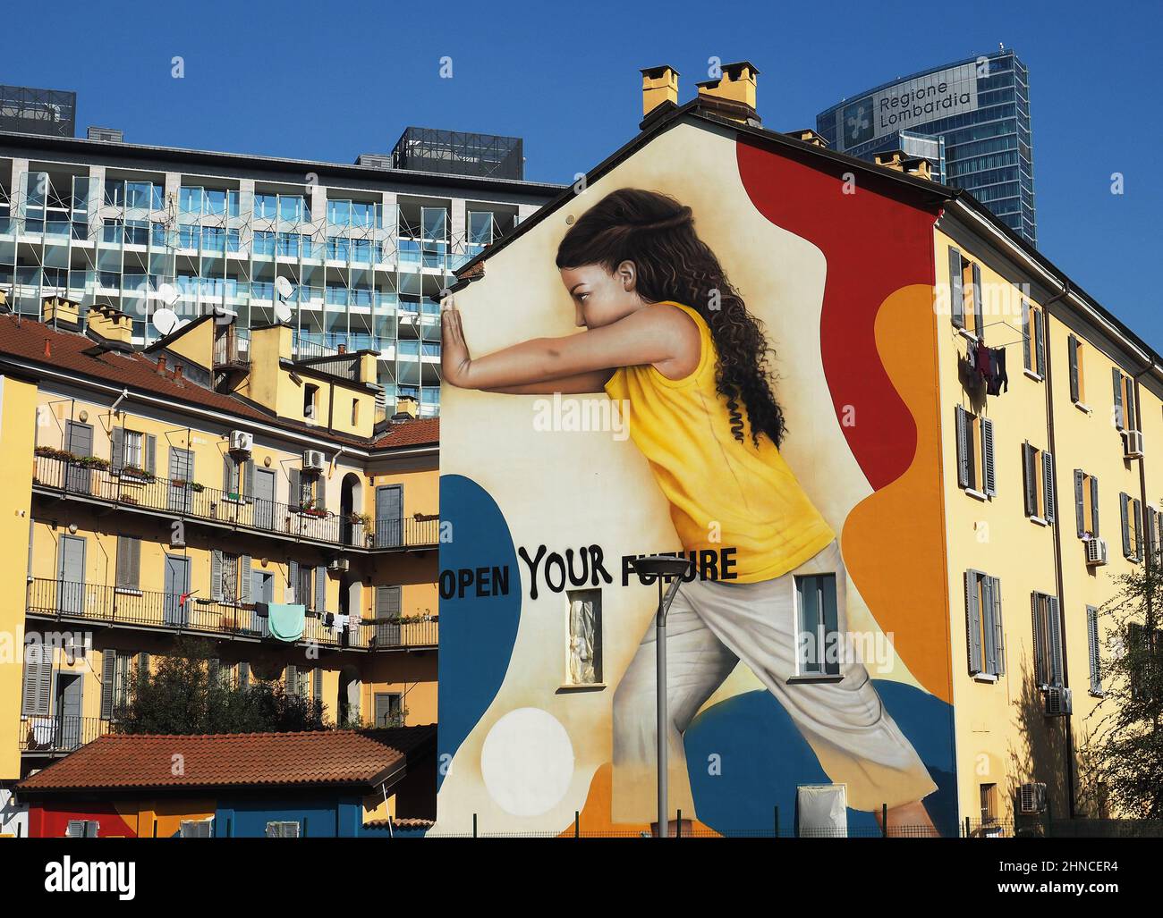 Europe, Italy, Lombardy, Milan, porta nuova district, Murales designed by street artist Rosk alla Biblioteca degli Alberi Stock Photo