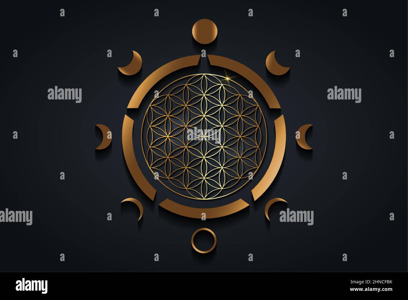 Circle Phases of the moon, flower of life, gold spiritual Yantra mandala, Sacred Geometry. Gold