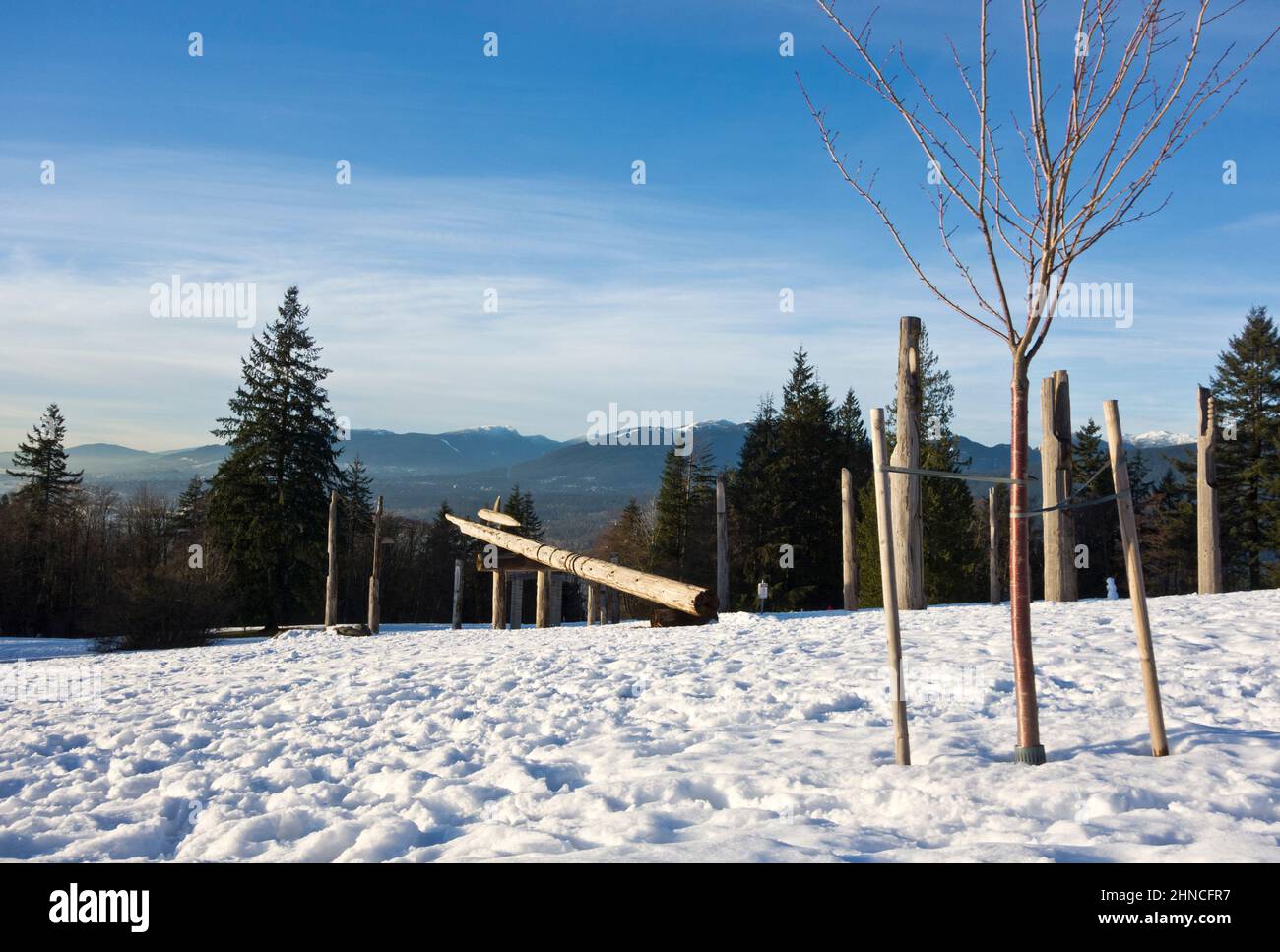 Snow covered Burnaby Mountain park with Ainu sculptures in January 2022. View of the trees and mountains. Burnaby, British Columbia, Canada. Stock Photo