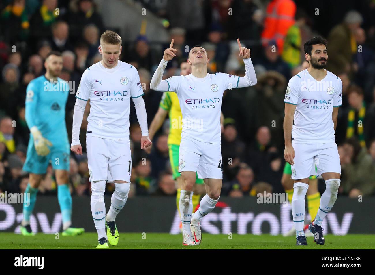 Phil Foden of Manchester City celebrates after scoring a goal to make it 2-0 - Norwich City v Manchester City, Premier League, Carrow Road, Norwich, UK - 12th February 2022 Editorial Use Only - DataCo restrictions apply Stock Photo