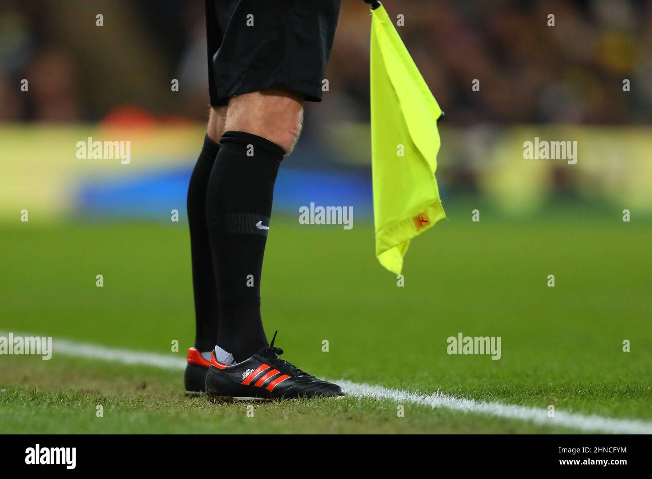 Adidas Orange Striped Copa Mundial boot worn by The RefereeÕs Assistant - Norwich City v Manchester City, Premier League, Carrow Road, Norwich, UK - 12th February 2022  Editorial Use Only - DataCo restrictions apply Stock Photo