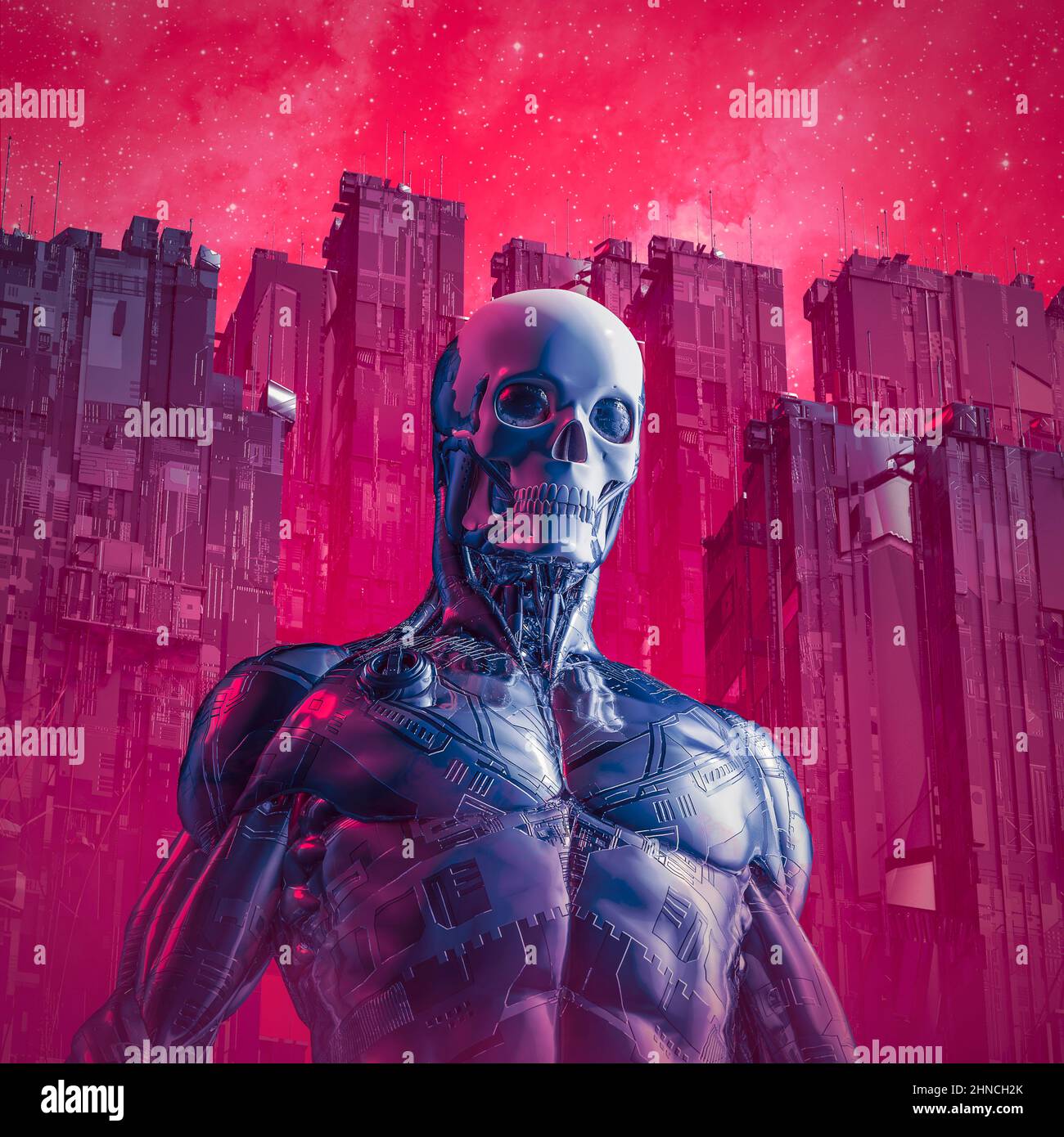 Cyberpunk death cyborg - 3D illustration of male science fiction skull faced robot in futuristic city Stock Photo