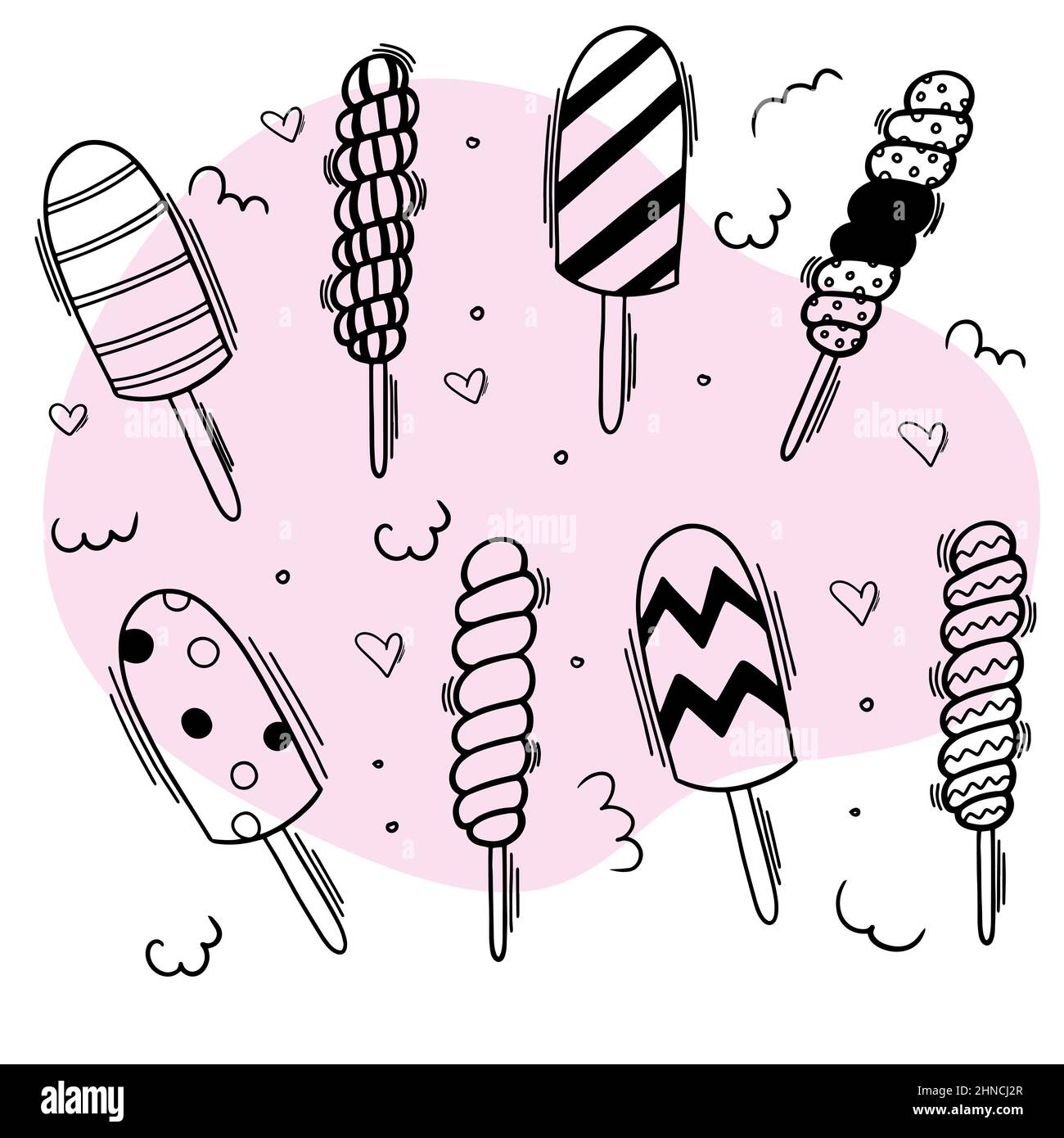 Popsicles doodle style set isolated. Black outlines sweets seamless vector background. Stock Vector