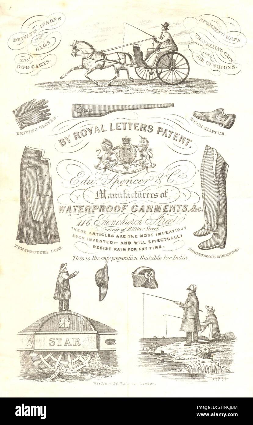 Advertising leaflet for Edwd. Spencer & Co Manufacturers of Waterproof Garments, 116 Fenchurch Street, [London UK] circa 1865 Stock Photo