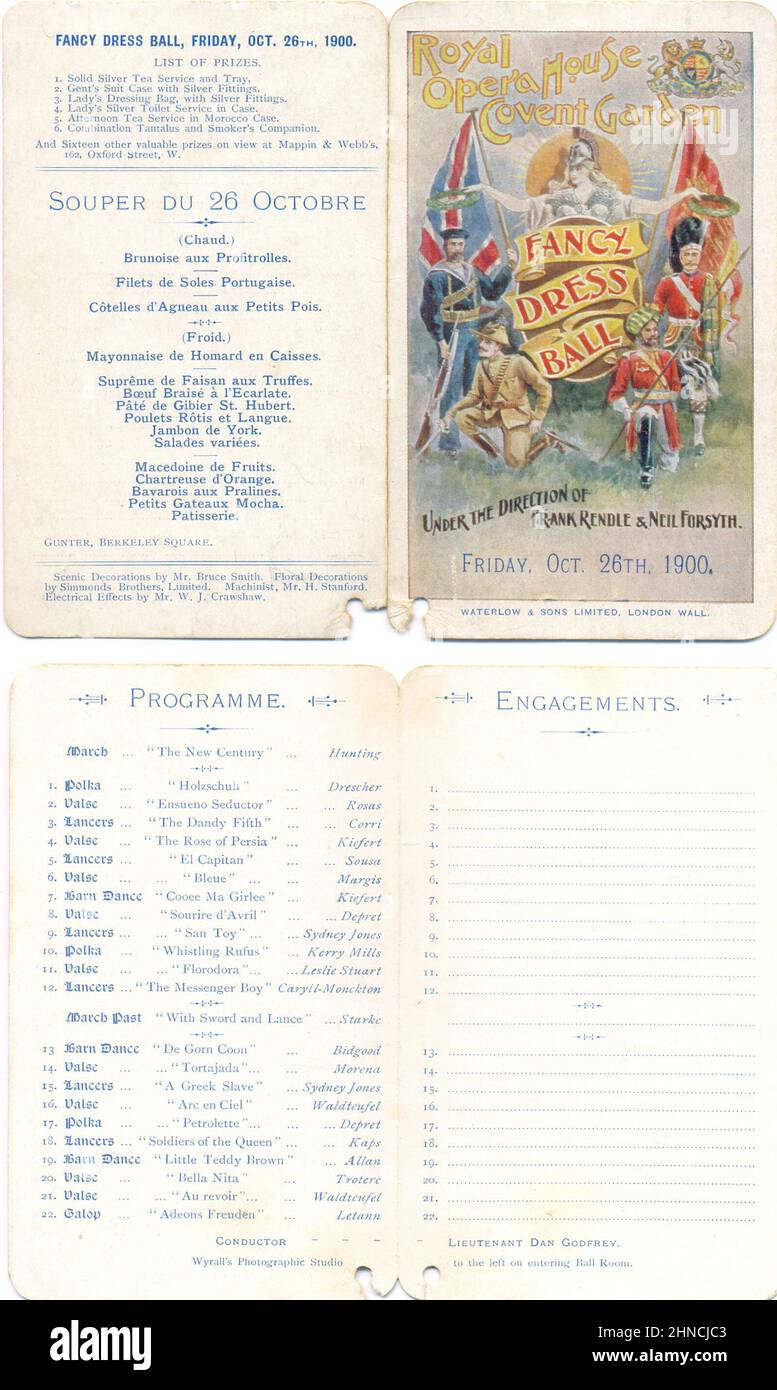 Front and back of Dance card for Fancy Dress Ball to be held at the Royal Opera House, Covent Garden on 26th October 1900 Stock Photo