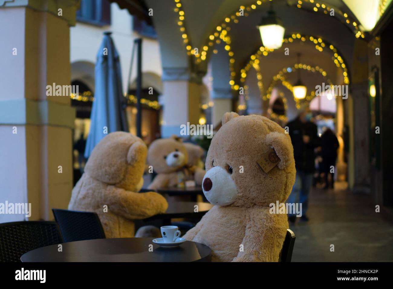 Italy, Lombardy, Abbiategrasso, teddy bears at cafe Stock Photo