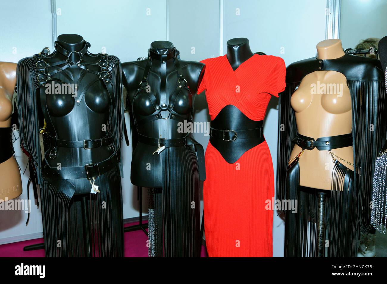 Women body leather harness put on dummies at a shop. February 2, 2022. Kyiv, Ukraine Stock Photo