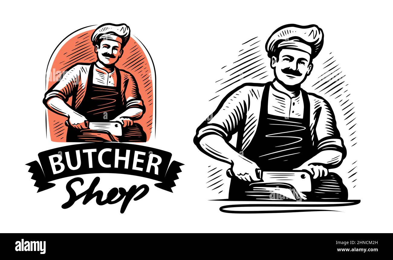 Chef cuts piece of meat with cleaver. Butcher shop emblem. Vintage sketch vector illustration Stock Vector