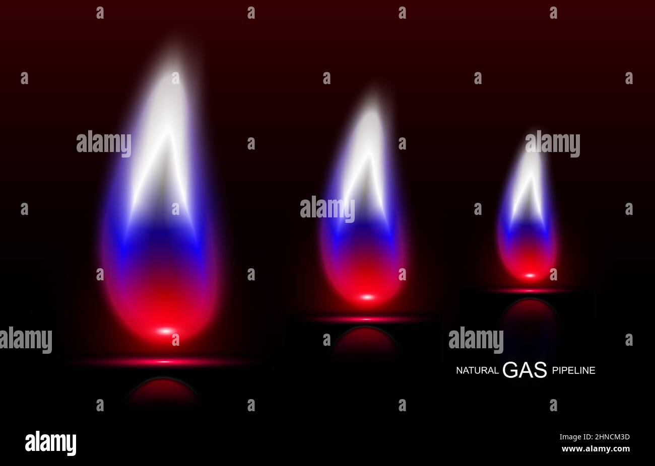 Banner with tricolor neon flame. White, red, blue fire, gas pipeline