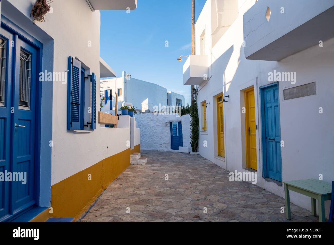Greece, Ano Koufonisi island. Traditional building in white, blue color ...