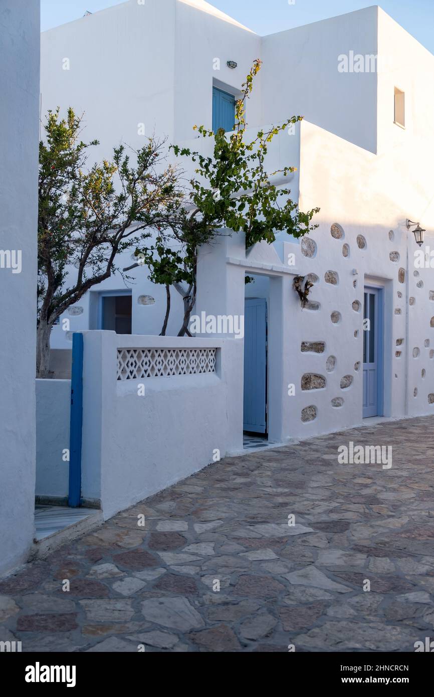 Greece, Ano Koufonisi island. Traditional stonewall building with tree ...