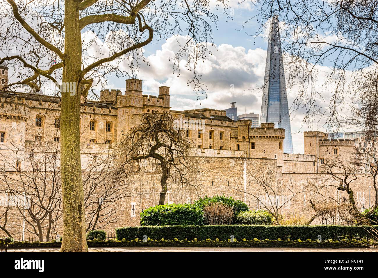 The Tower of London with The Shard glass tower in the background. The old and the new. Changes in architecture Stock Photo