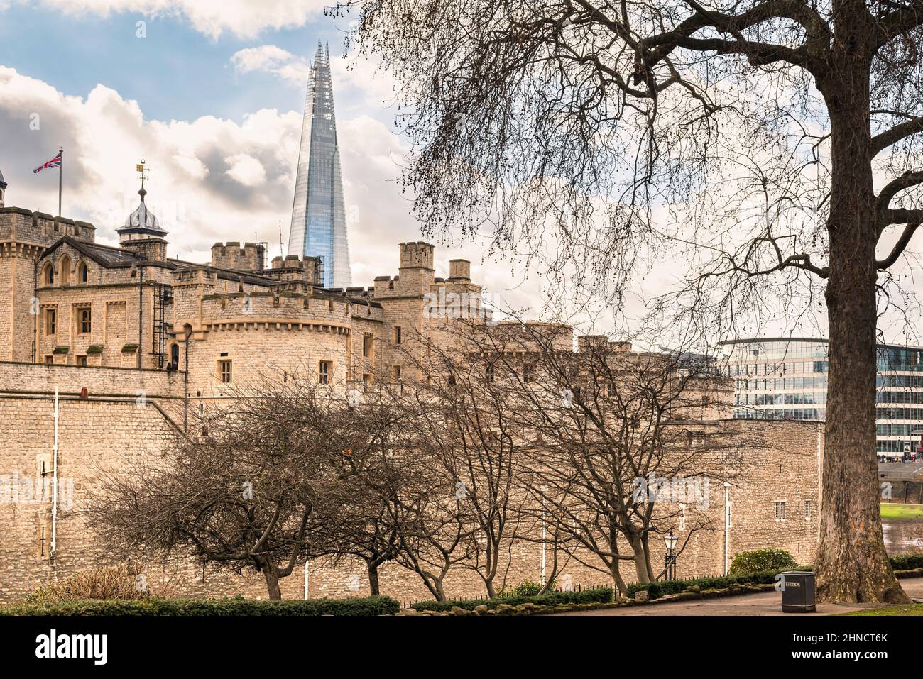 The Tower of London with The Shard glass tower in the background. The old and the new. Changes in architecture Stock Photo