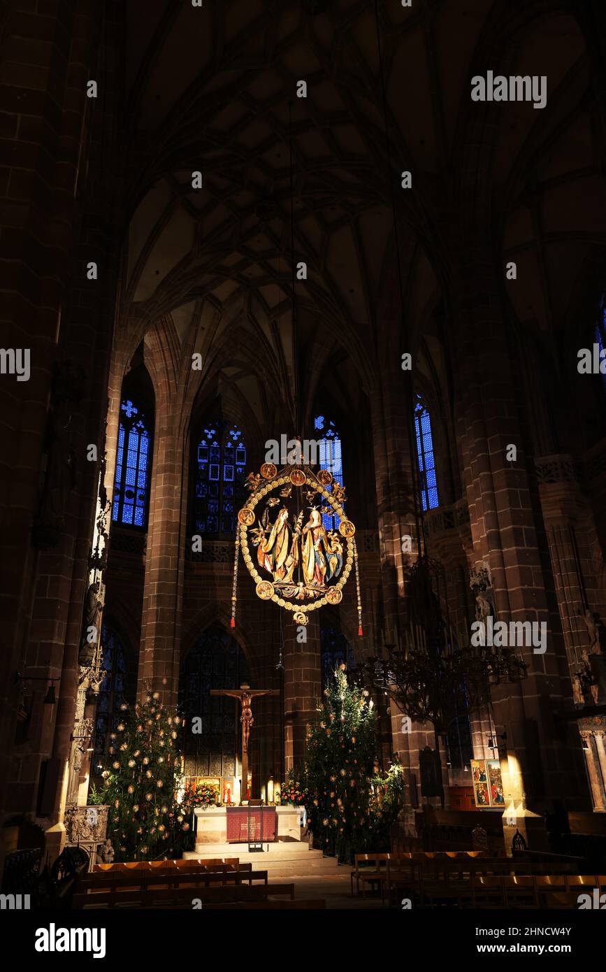 Altar, Kunst, Kirche, Gotik,  Nürnberg, gotische Frauenkirche am Makrt  in der Innenstadt oder Altstadt von Nuremberg oder Nuernberg, Franken, Bayern Stock Photo