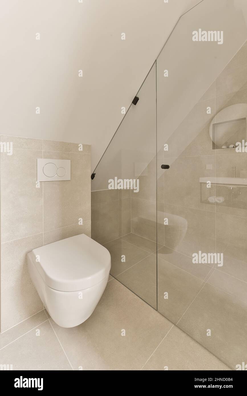 Interior of modern bathroom with white toilet bowl near glass wall of ...