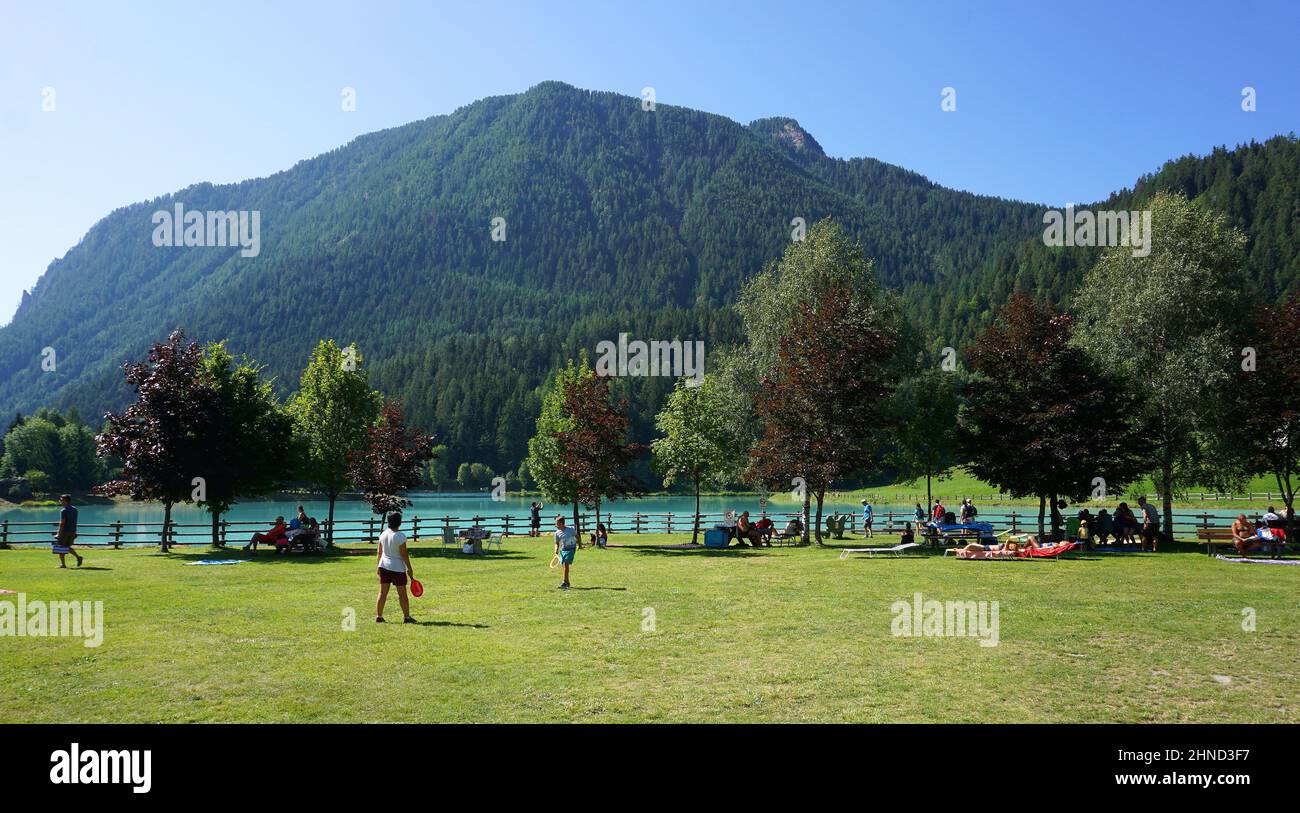 Italy, Valle d'Aosta, Brusson, meadow near the lake Stock Photo