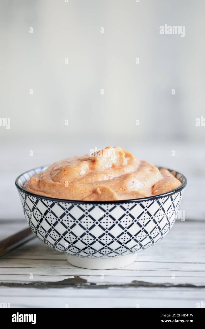 Japanese American yum yum sauce made with mayo, sugar, paprika, ketchup