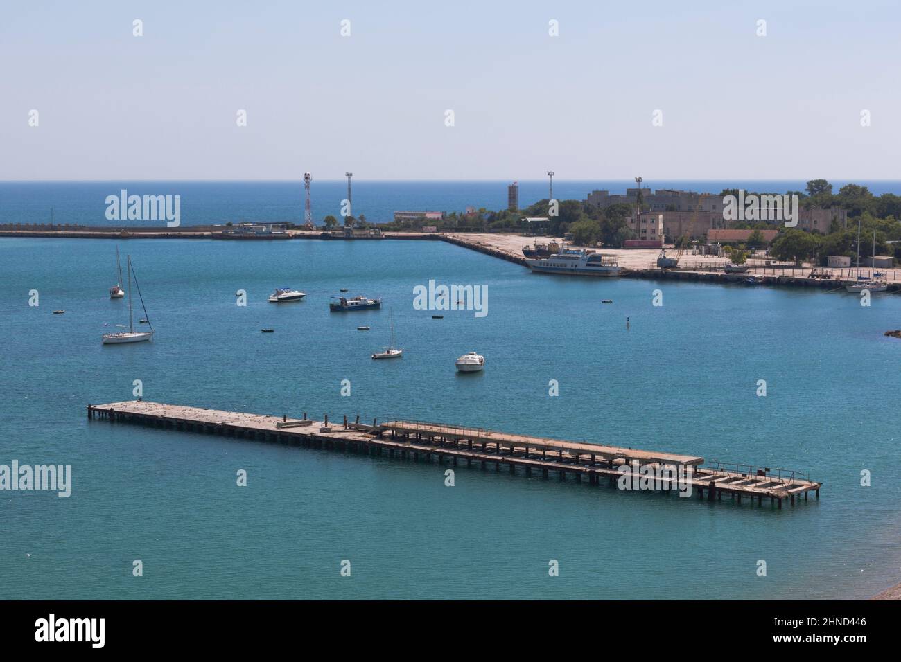 Evpatoria, Crimea, Russia - July 19, 2021: Evpatoria trade port from a bird's eye view, Crimea Stock Photo