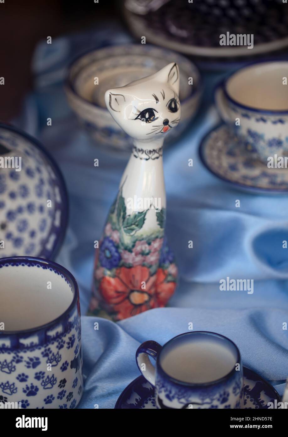 Polish pottery, Coffe time, colorful mugs, ceramics. Stock Photo
