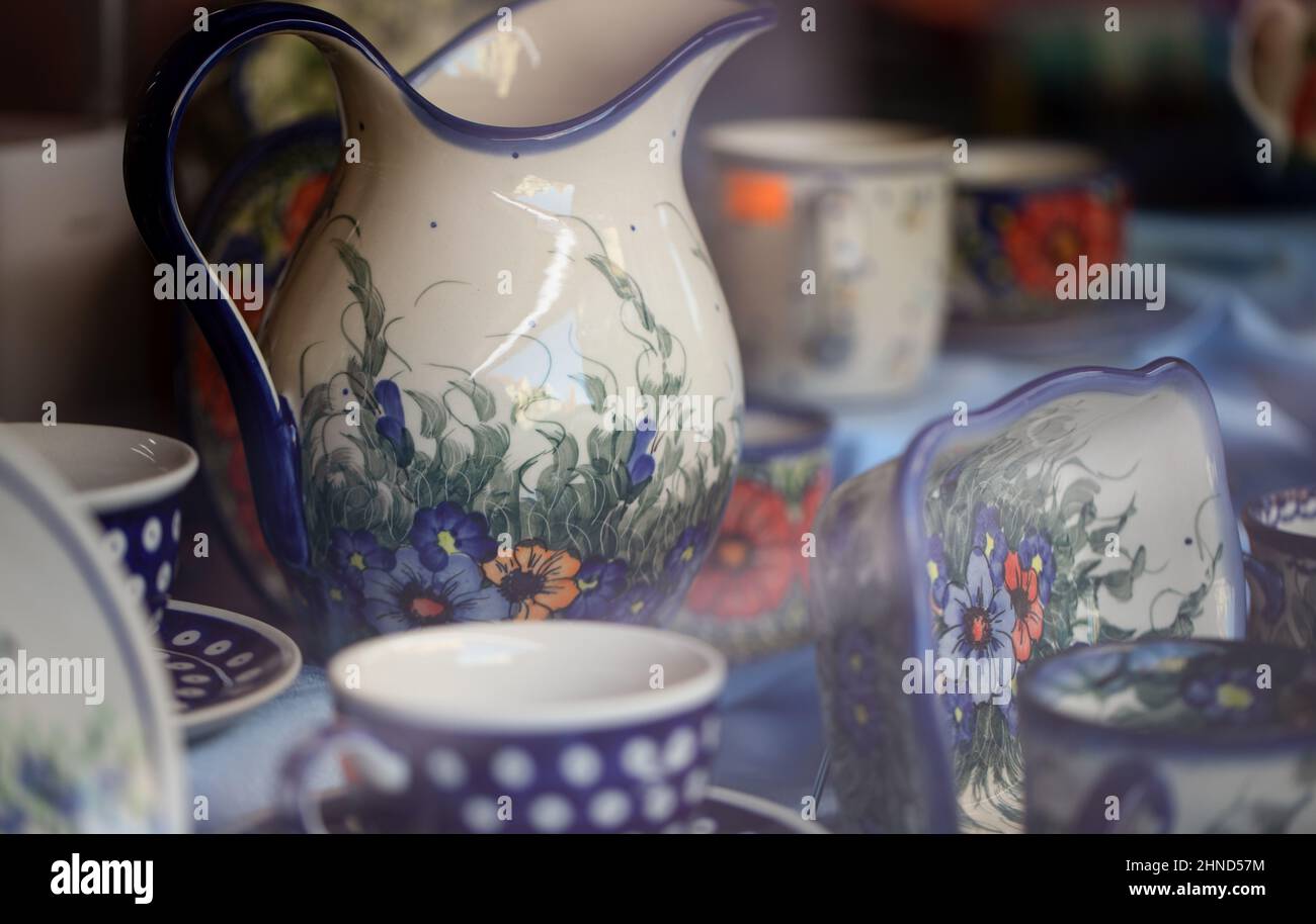 Polish pottery, Coffe time, colorful mugs, ceramics. Stock Photo