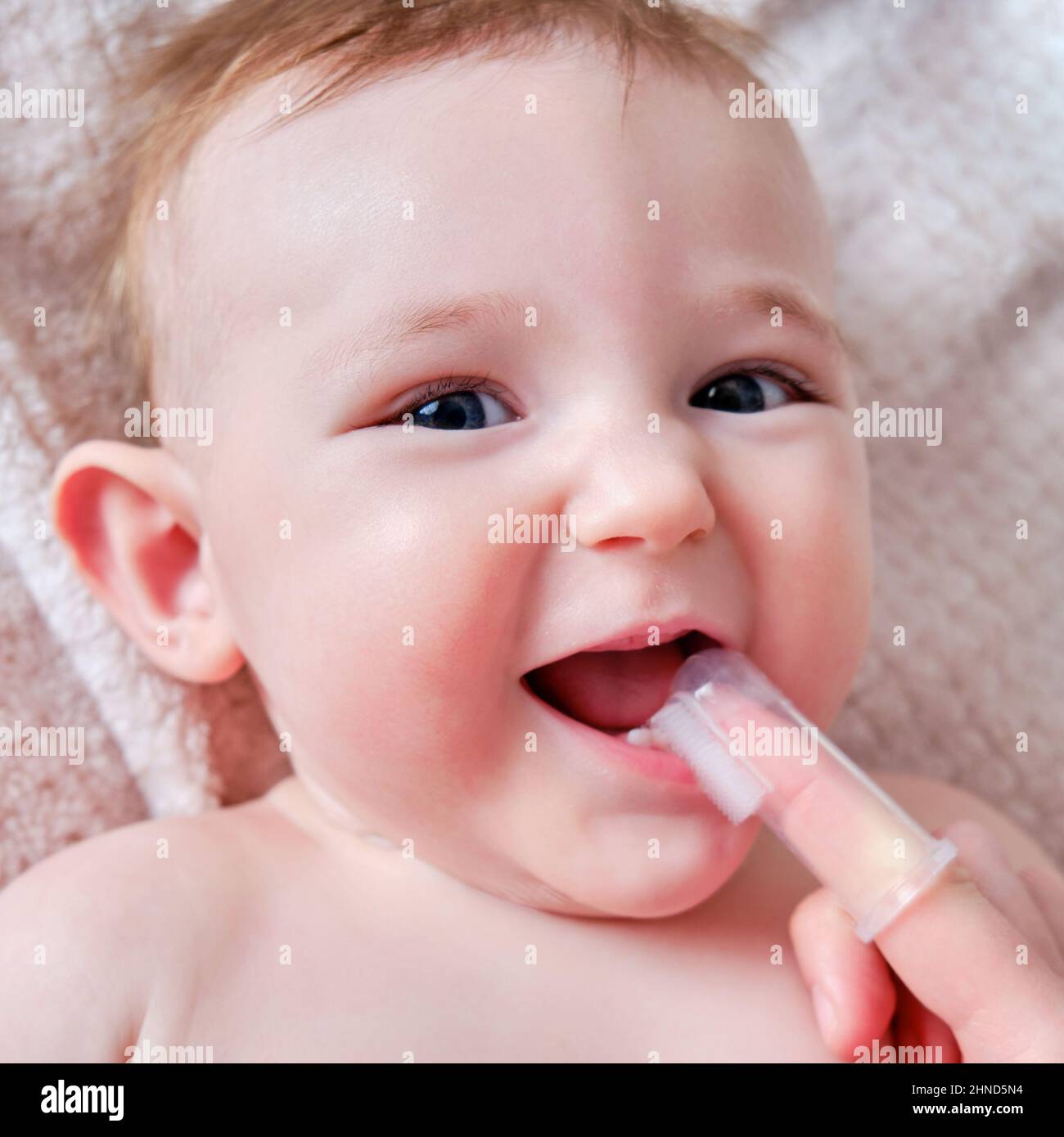 Mother baby brushing teeth together hires stock photography and images