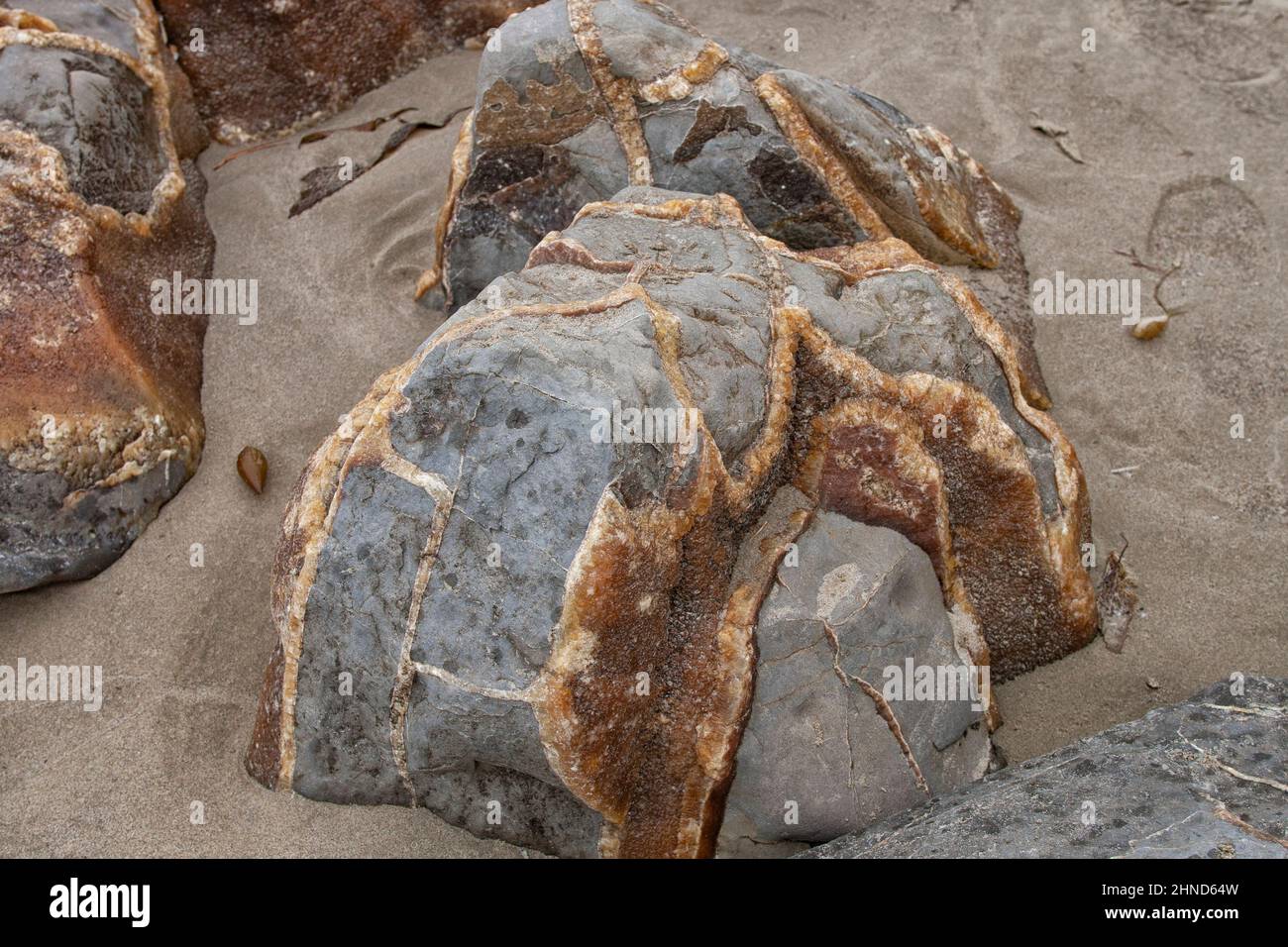 Moeraki Boulders on Koekohe Beach near Moeraki, New Zealand.  The spherical stones are concretions Stock Photo