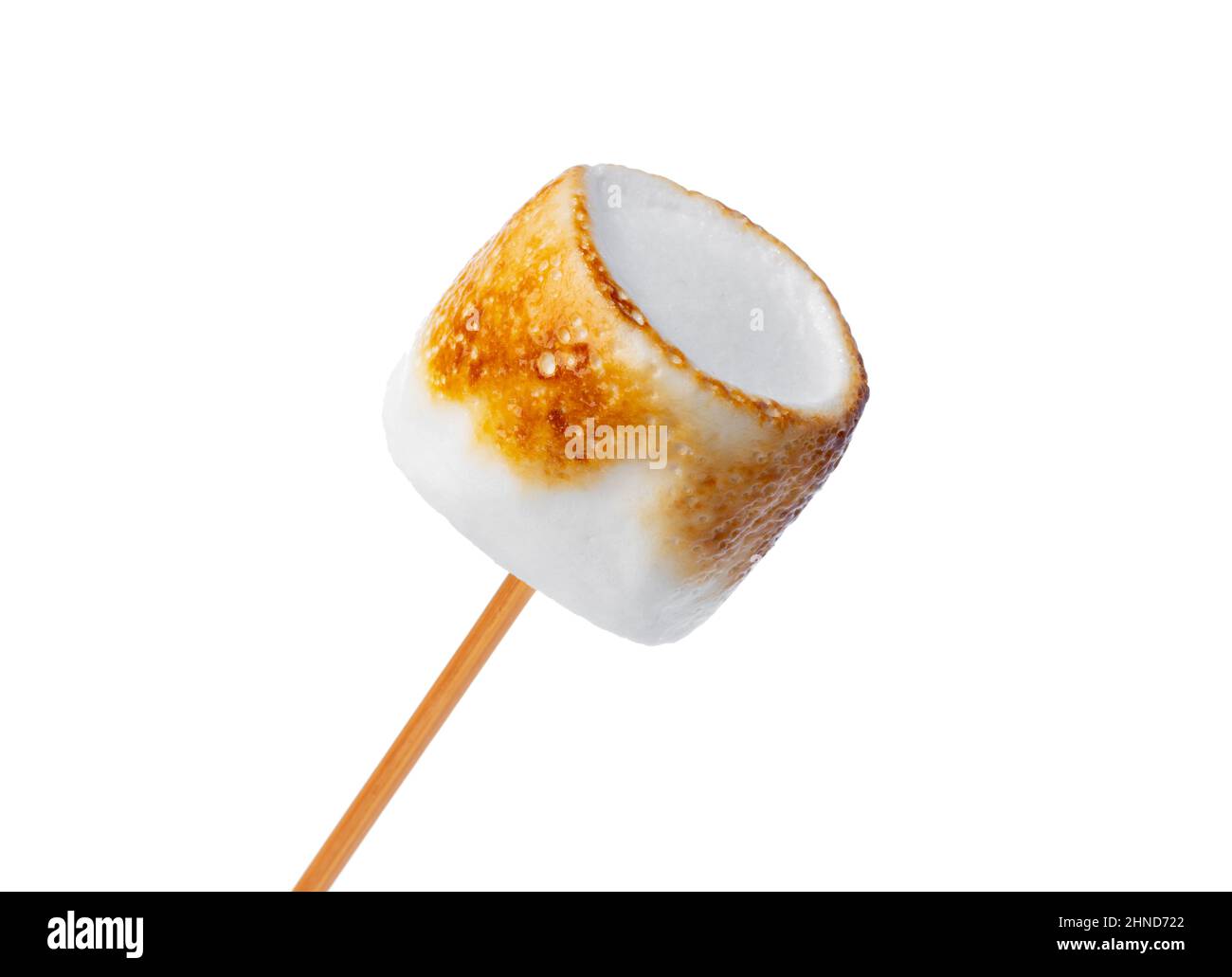 Grilled marshmallows on sticks isolated on white Stock Photo