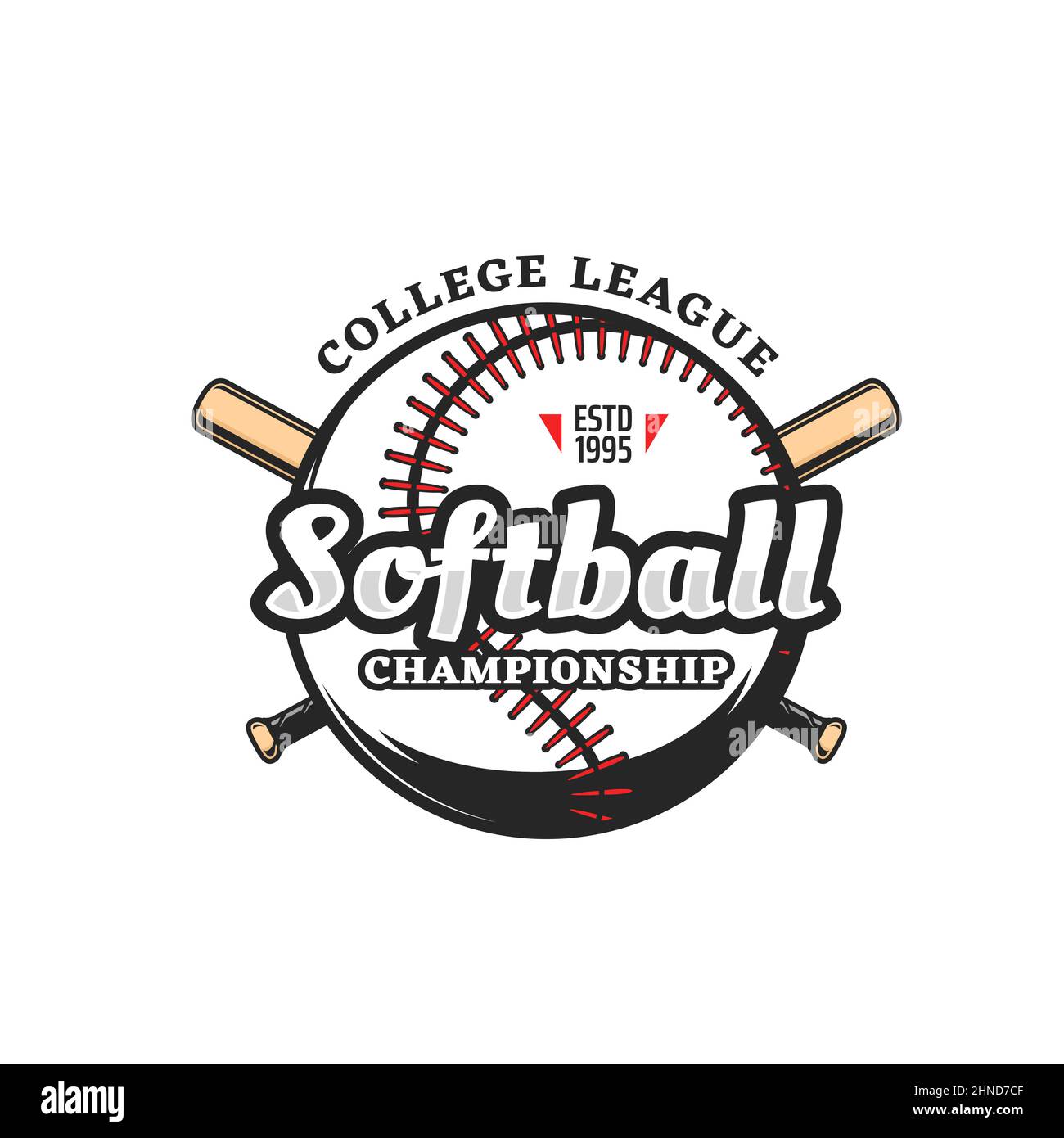 Softball sport icon of vector ball and crossed bats. Softball game team or championship league isolated symbol with pitcher, batter or hitter player s Stock Vector