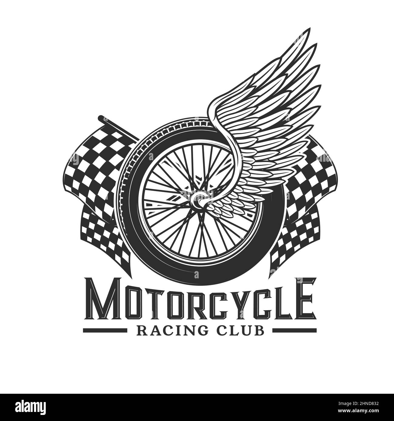 Racing wheel with wings, races icon for motocross or speedway sport. Motorcycle and bike motors racing club vector badge with start and finish flags f Stock Vector