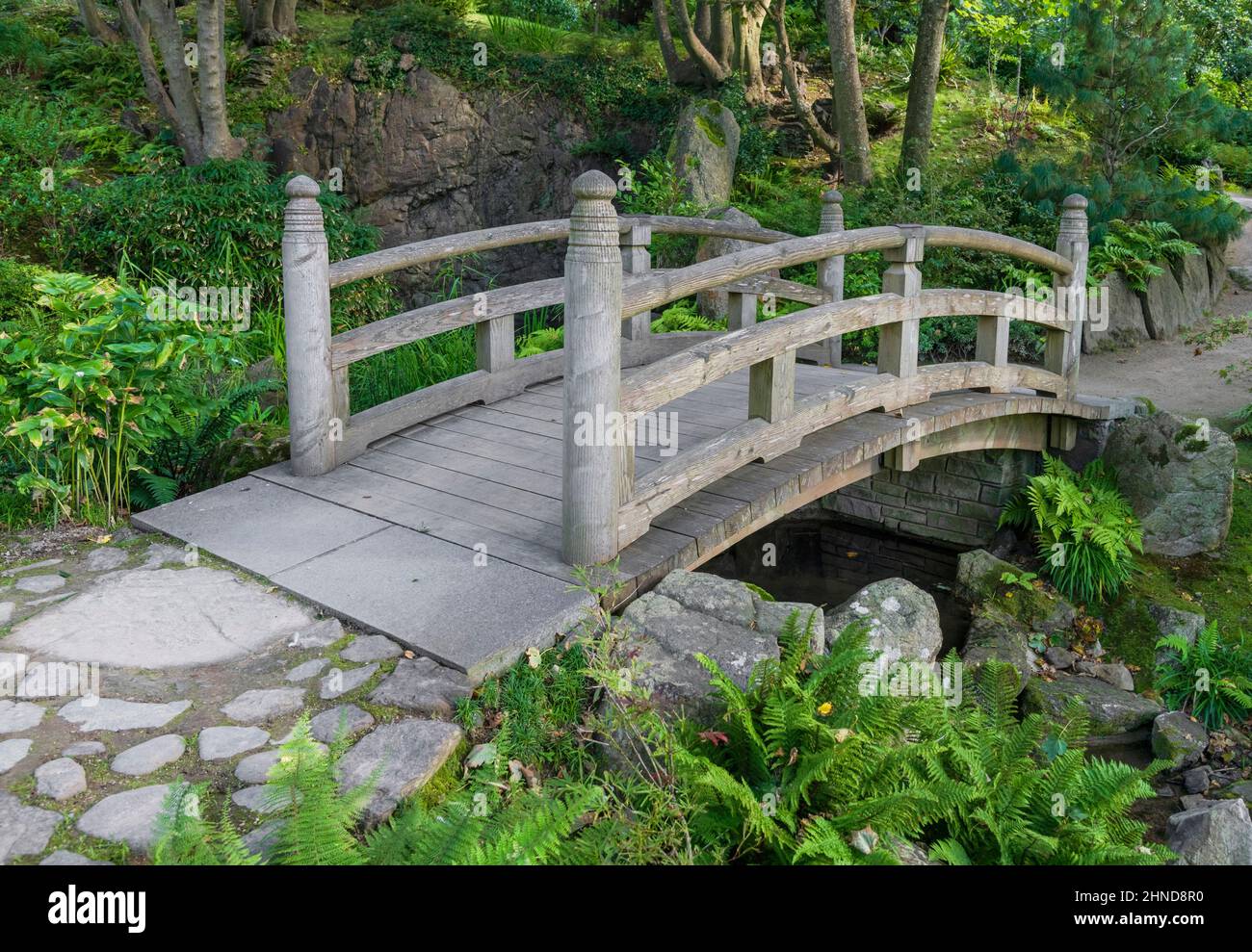 Ireland, County Waterford, Tramore, Lafcadio Hearn Japanese Garden, The Sori Bashi Bridge leading into the Woodlands zone. Stock Photo