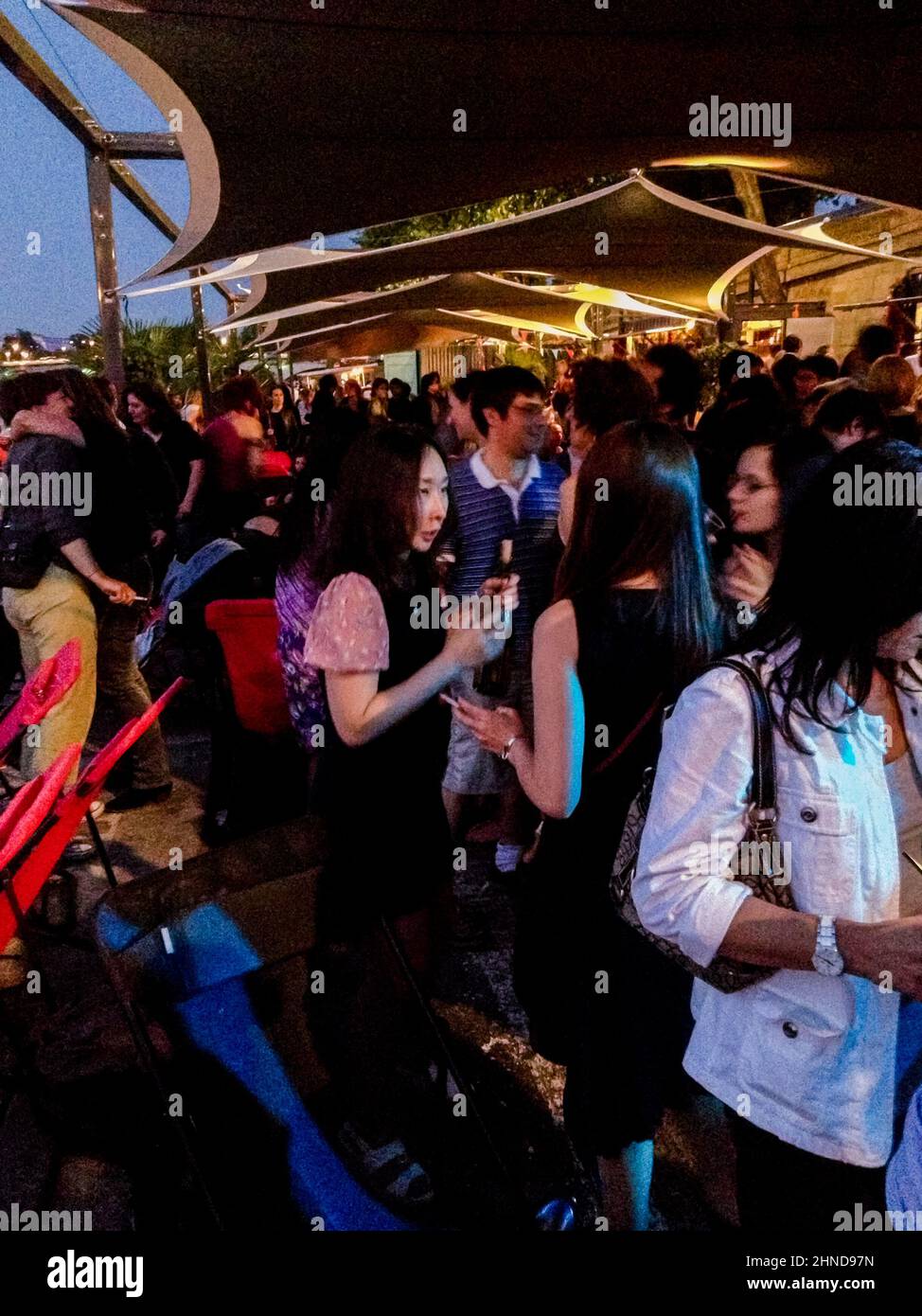 Paris, France, Crowd Dancing in French Bar/ Nightclub Outside on Seine River Bank Stock Photo