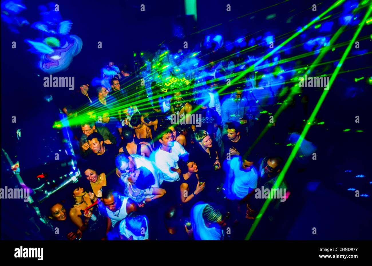 Paris, France, High Angle, Young Crowd Dancing in Nightclub with Laser Light Effects Stock Photo