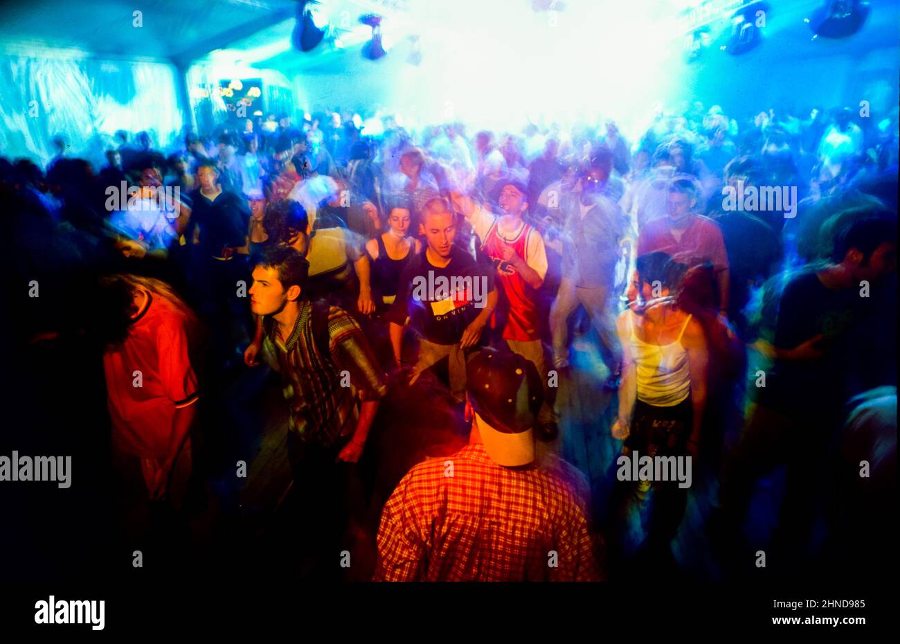 Paris, France, Crowd Dancing in Nightclub with Laser Light Effects Stock Photo