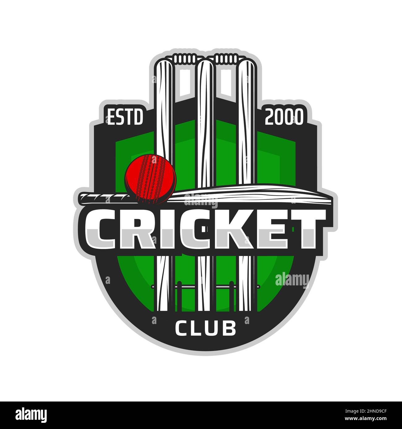 Cricket sport items vector icon of ball with batsman bat and wicket with wood stumps and bails. Cricket game team equipment on green shield badge, spo Stock Vector