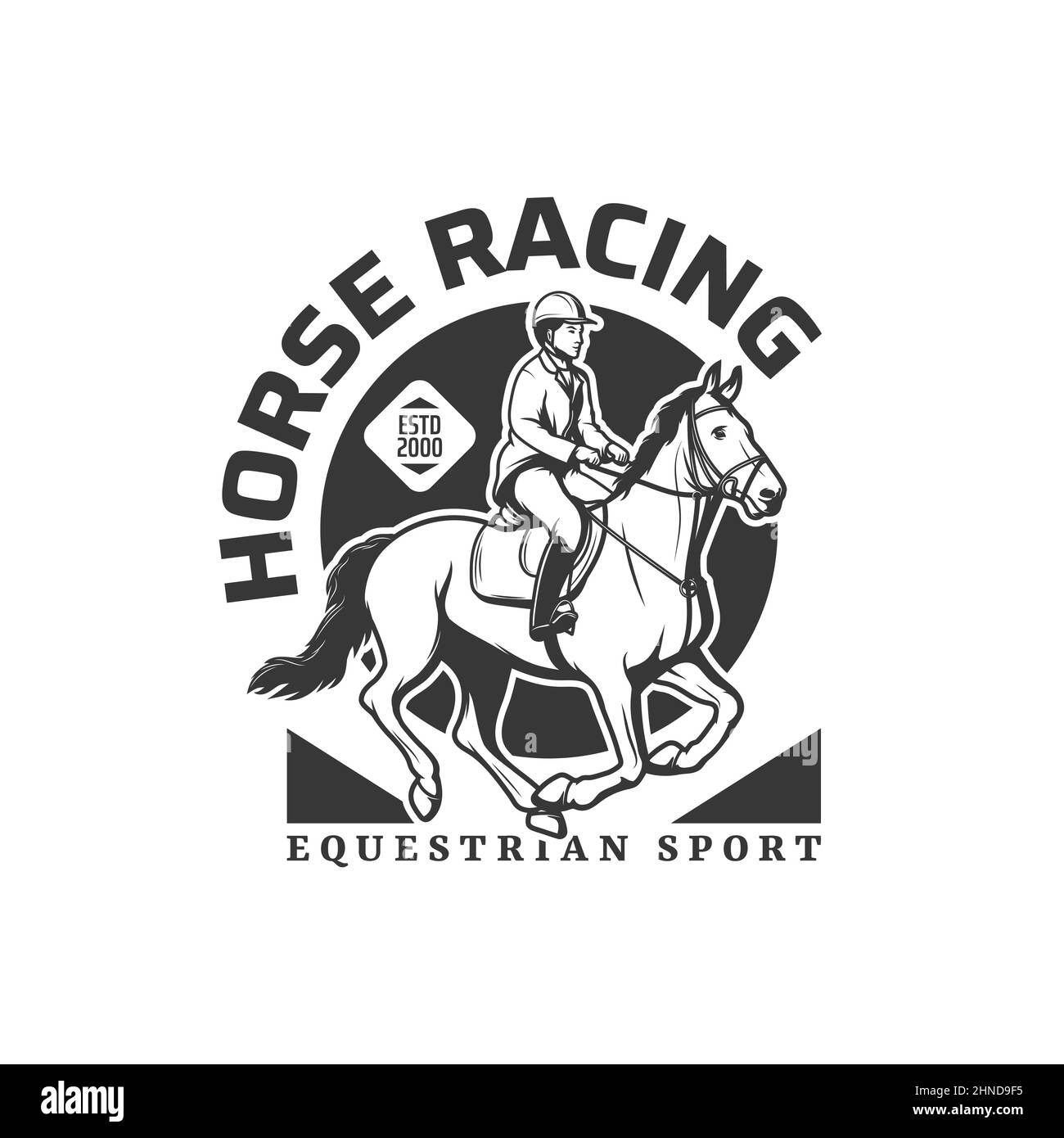 Horse racing sport icon, equestrian riding or steeplechase races tournament vector emblem. Polo jockey on horse for equine rides or hippodrome, premiu Stock Vector