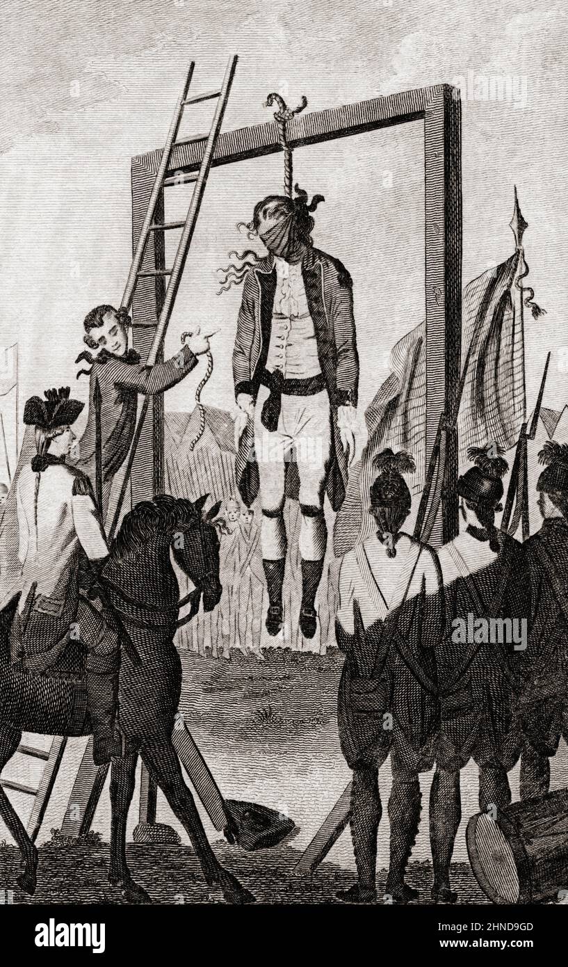 The execution of Major Andre, October 2, 1780.  John Andre, 1751 - 1780. British army major during the American Revolutionary War.  He was captured behind American lines whilst on a mission and hanged as a spy.  From Edward Barnard's The New, Impartial and Complete History of England published 1790. Stock Photo