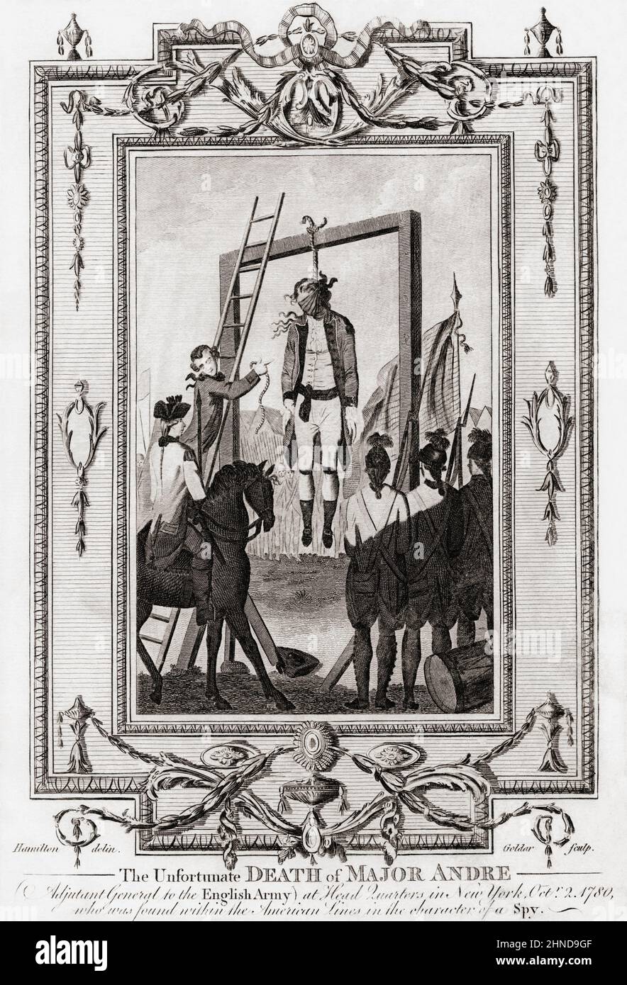 The execution of Major Andre, October 2, 1780.  John Andre, 1751 - 1780, British army major during the American Revolutionary War.  He was captured behind American lines whilst on a mission and hanged as a spy.   From Edward Barnard's The New, Impartial and Complete History of England published 1790. Stock Photo