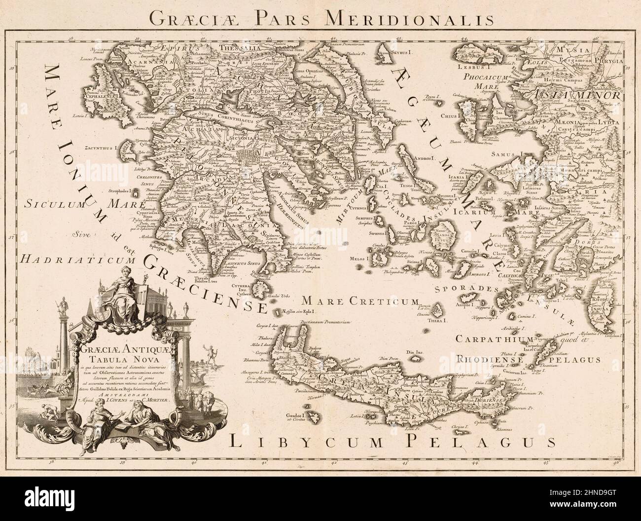 Graeciae pars meridionalis. Graeciae antiquae tabula nova.  Southern Greece.  A New Map of Ancient Greece.  Parts of Asian Turkey are also shown. After a map by French cartographer Guillaume Delisle, also spelled Guillaume de l'Isle, 1675 - 1726. Stock Photo