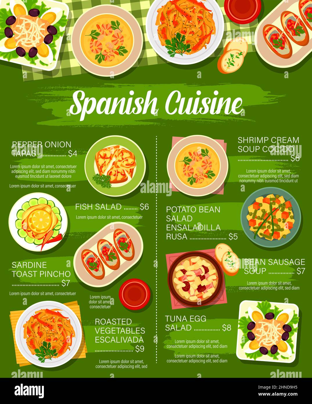 Spanish restaurant menu vector template with Mediterranean cuisine food dishes. Vegetable tapas, fish, egg and olive salads, sardine toast pinchos and Stock Vector