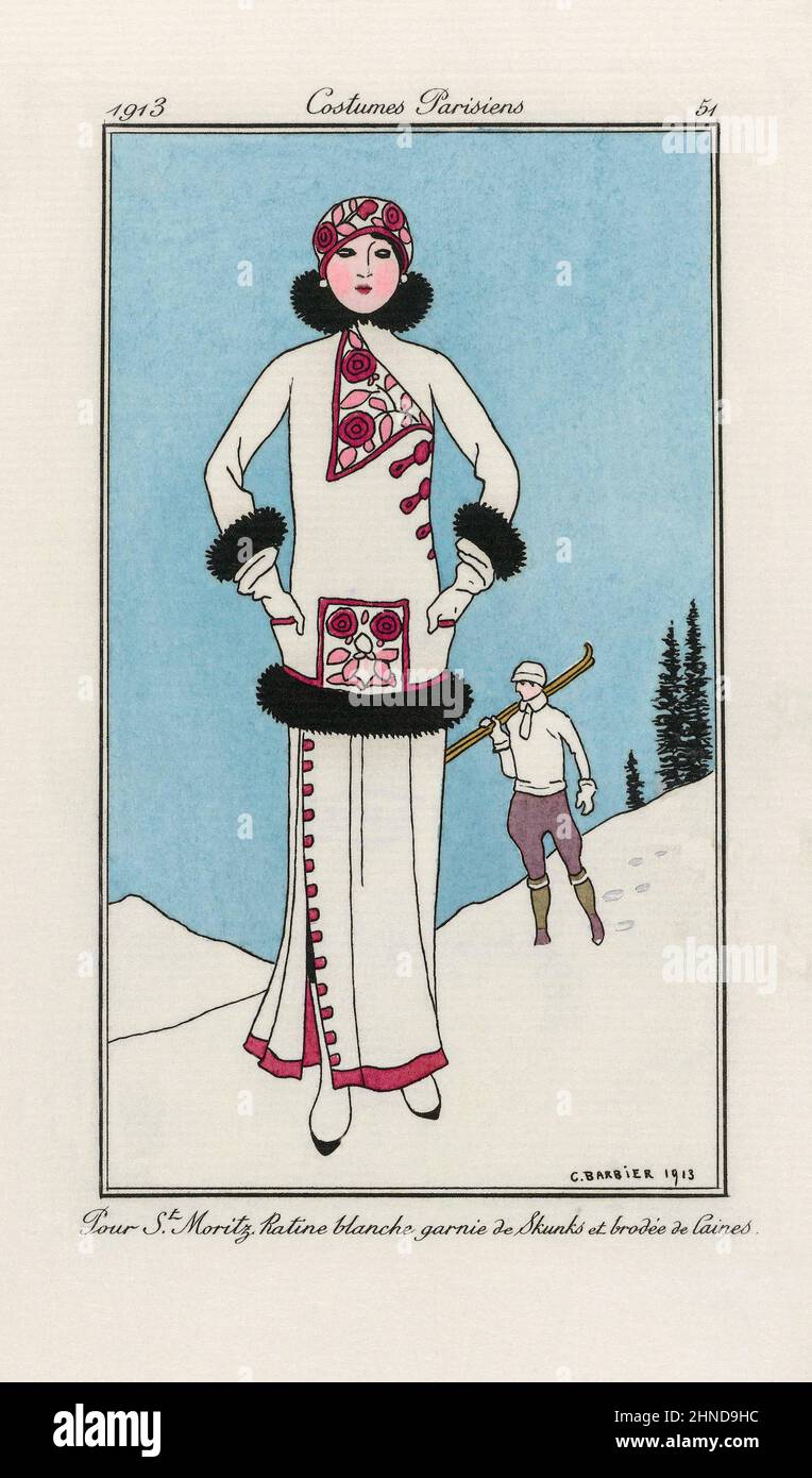 Pour St. Moritz. Ratine blanche garnie de Skunks et brodée de laines -  For St. Moritz.  Trimmed white terry cloth embroidered with wools.  Print from the high fashion magazine Journal des Dames et des Modes, published from June 1, 1912 to August 1, 1914.  After a work by French illustrator George Barbier, 1882 - 1932. Stock Photo