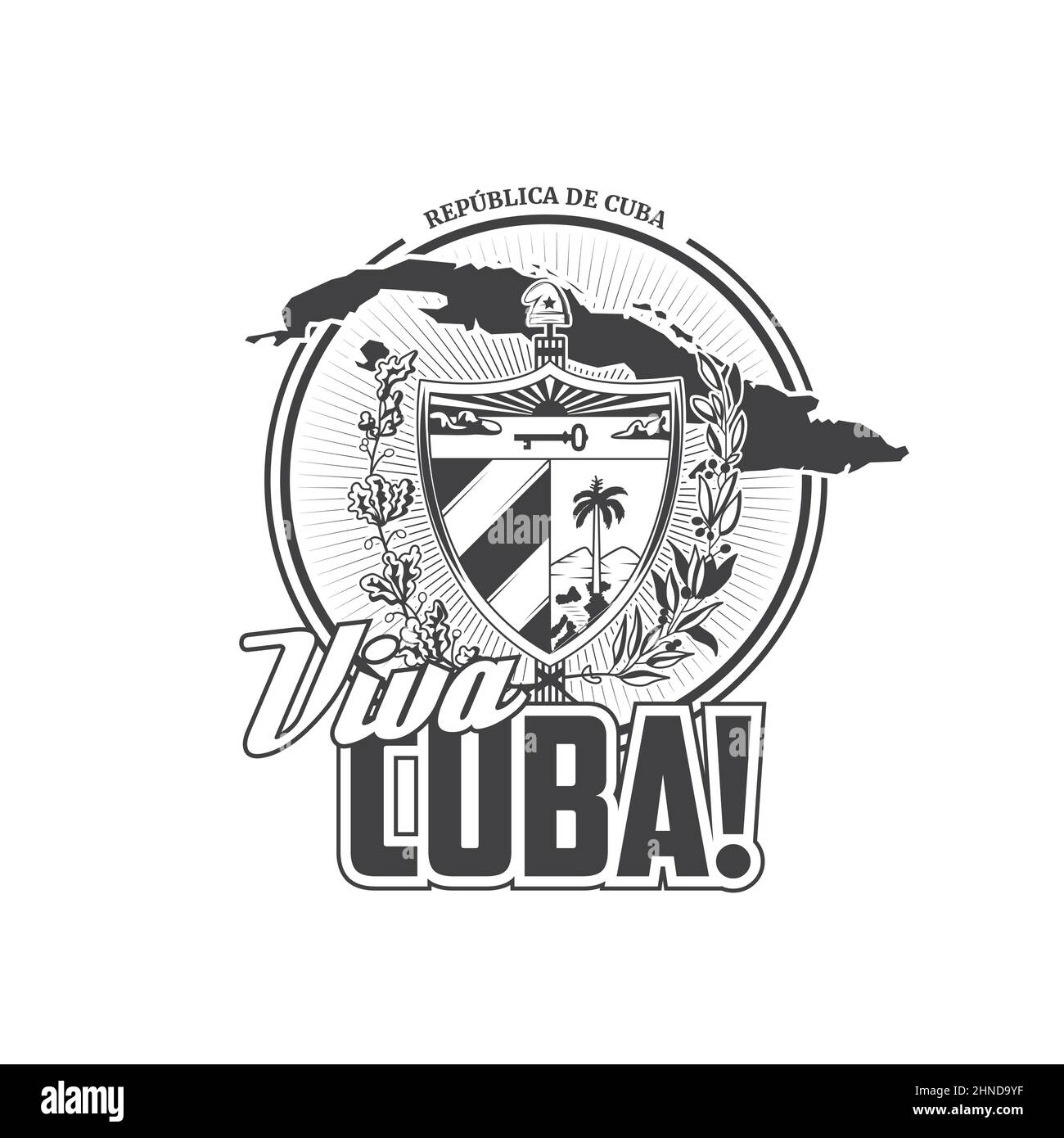 Viva Cuba icon with vector map and coat of arms of Republic of Cuba. Cuban travel and tourism isolated heraldic shield with phrygian cap, flag, oak an Stock Vector