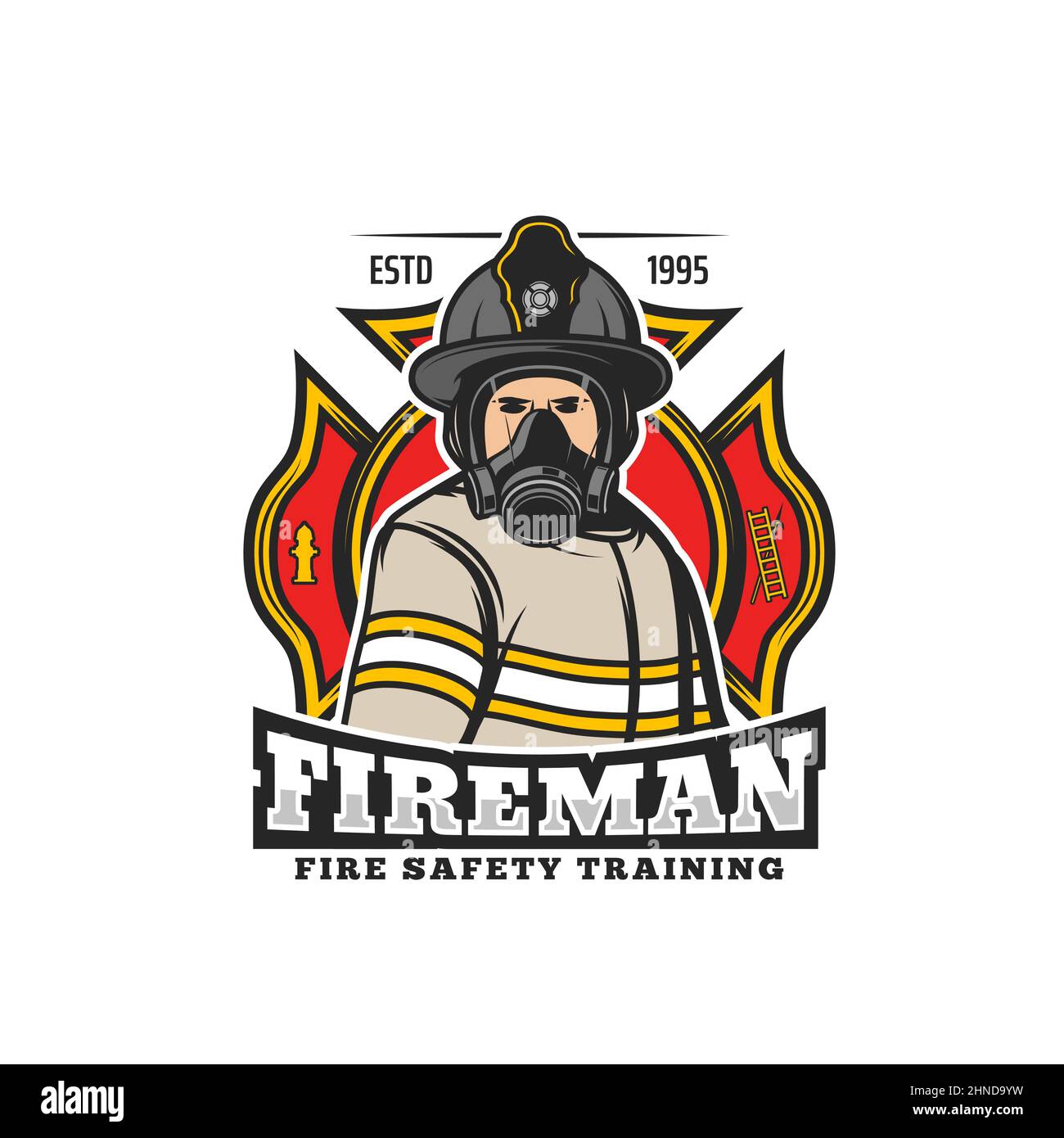 Fireman or firefighter retro icon. Fire department rescue team or brigade vector emblem, badge or icon with maltese cross, firefighter character in he Stock Vector