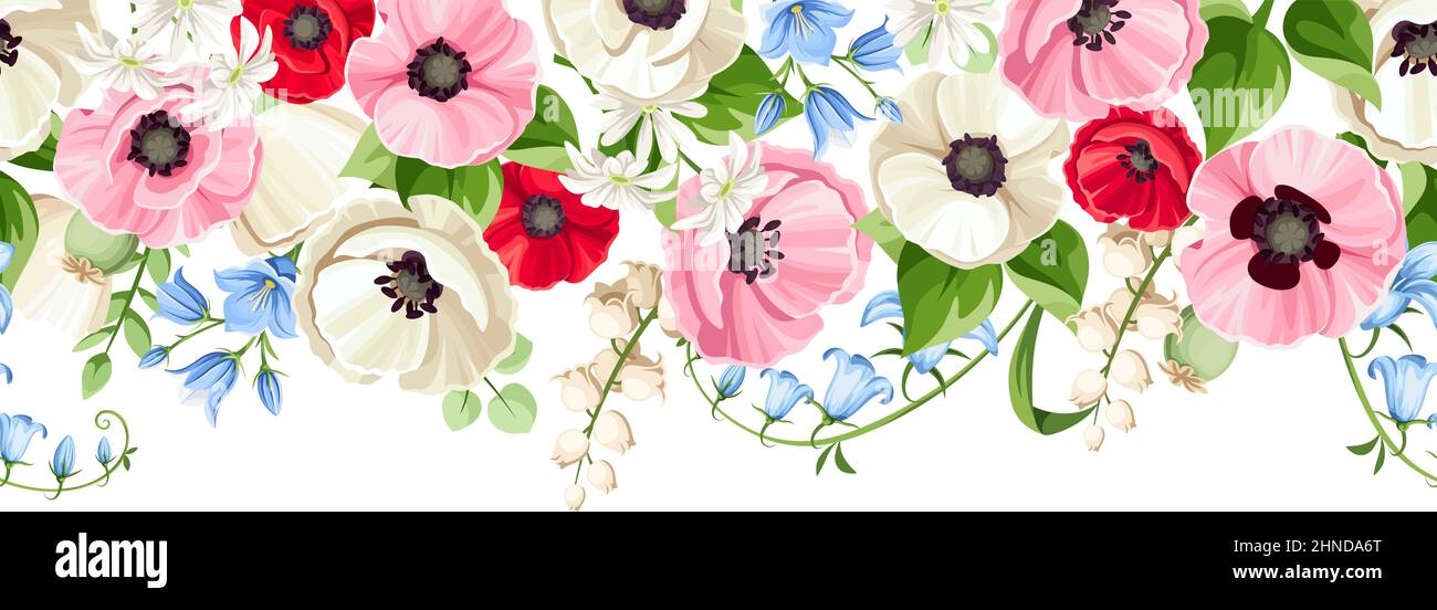 Horizontal seamless border with hanging red, pink, blue, and white poppy, bluebell, and lily of the valley flowers. Vector illustration Stock Vector