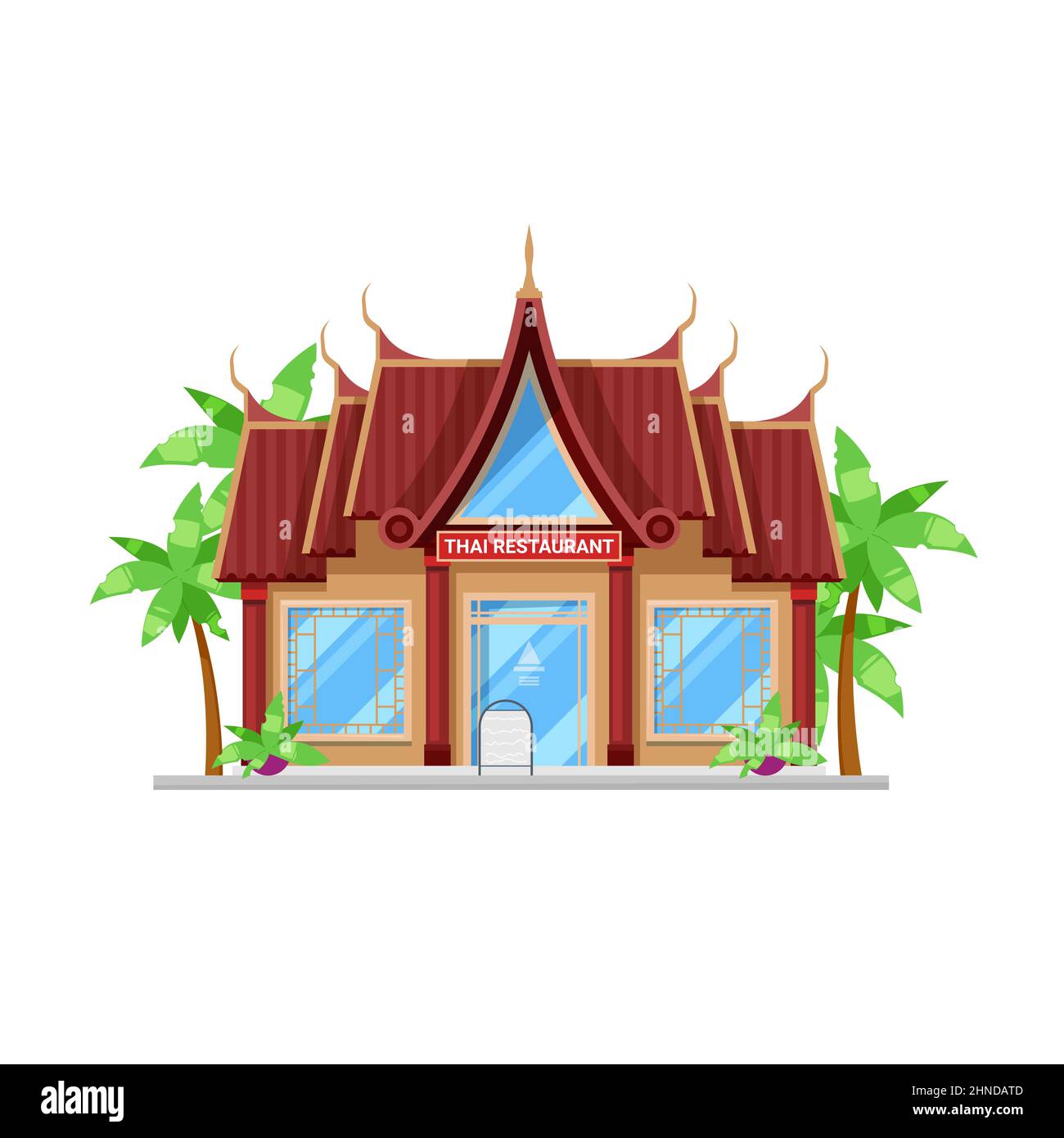 Thai cuisine restaurant building icon. Thailand food cafe or restaurant facade with large windows, glass door decorated asian ornaments, palm trees. A Stock Vector