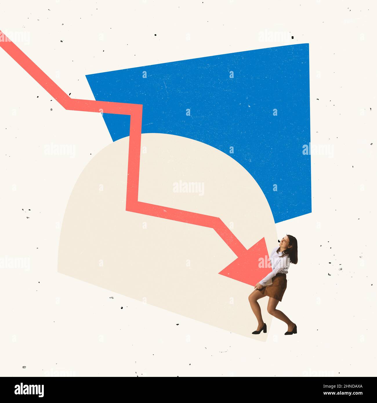 Young office worker, employee trying to prevent falling graph arrow ...